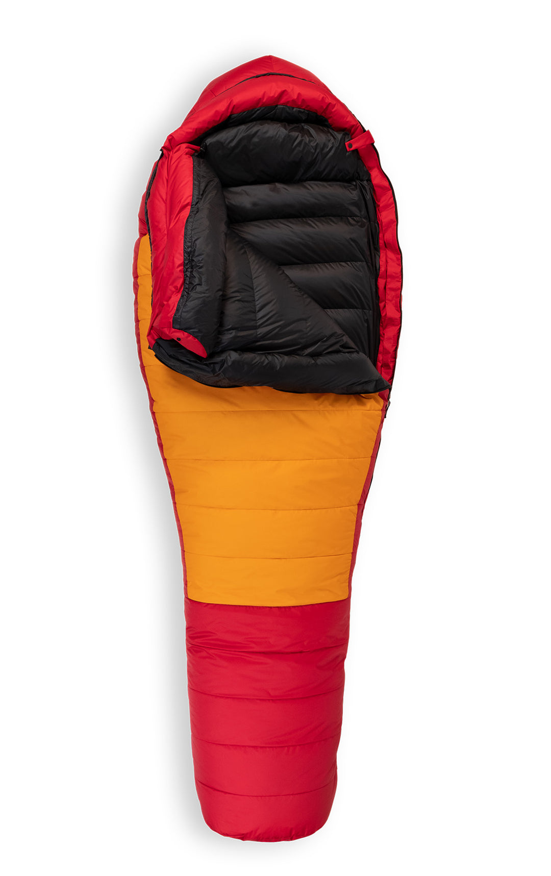 Studio image front view Feathered Friends Widgeon ES -10 Degree Down Sleeping Bag Lava red and orange color, partially unzipped