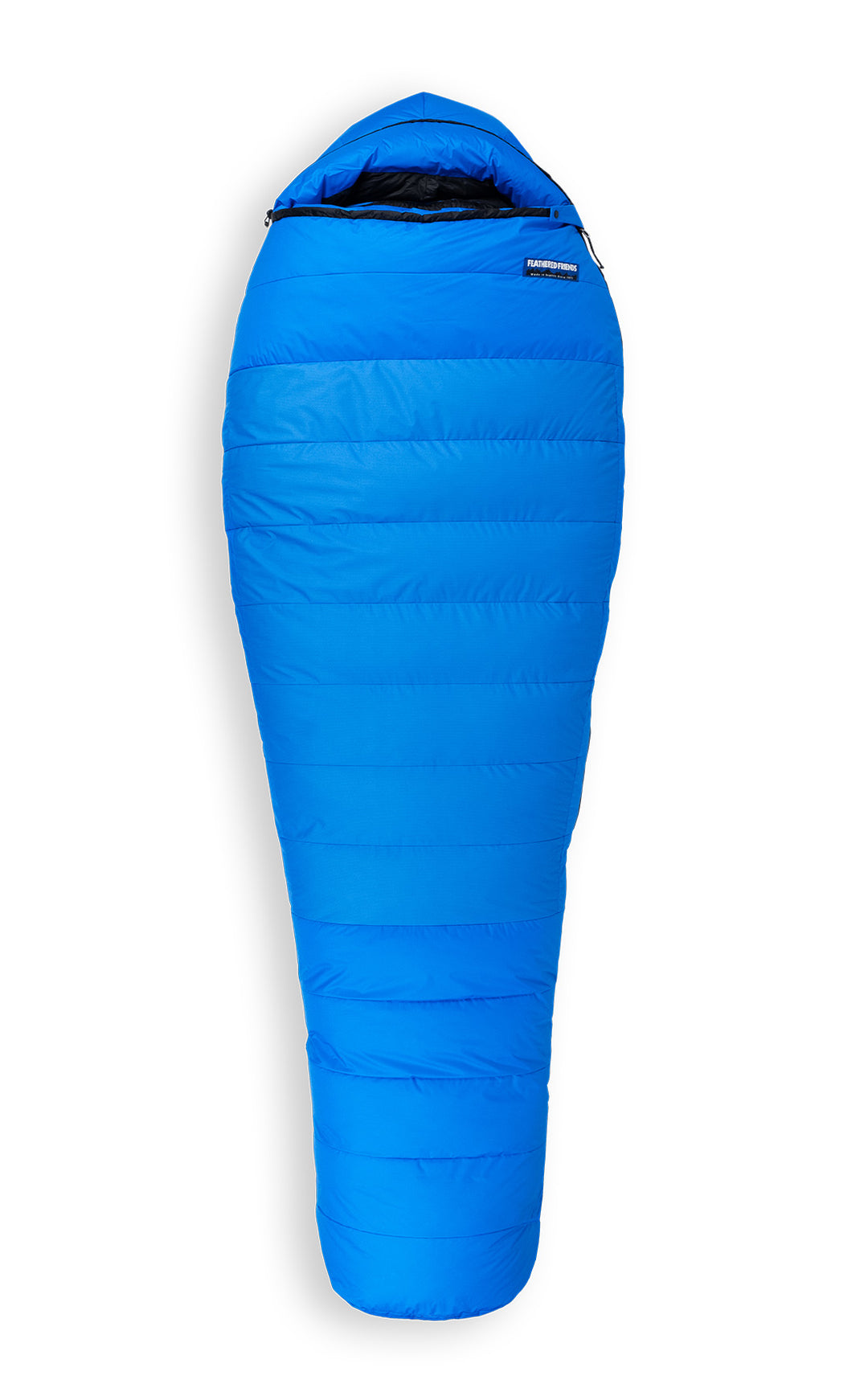 Studio image front view Feathered Friends Widgeon ES -10 Degree Down Sleeping Bag Ocean blue color, fully zipped