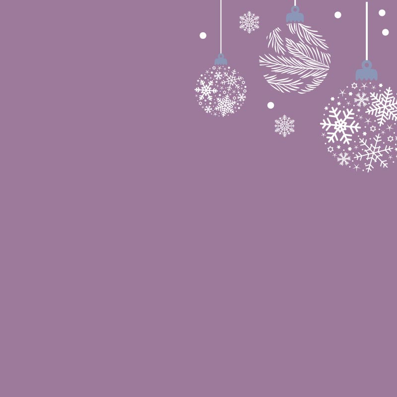 Decorative elements like snowflakes and Christmas balls on a purple background