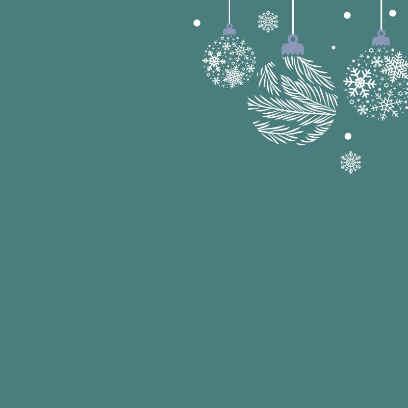 Decorative design of Christmas ornaments and snowflakes on a teal background