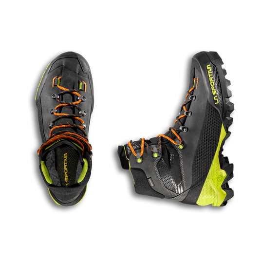 Overhead view of La Sportiva Aequilibrium LT GTX boots with gray, black, and green design on a white background