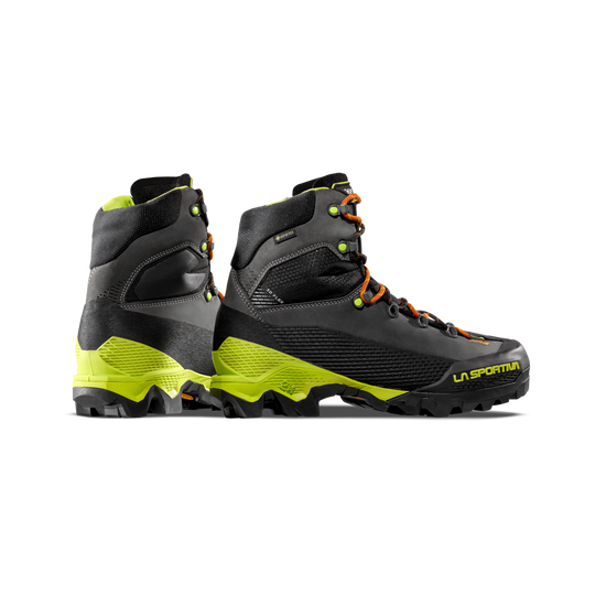 Black and green La Sportiva Aequilibrium LT Gore-Tex boots with orange laces on a white background