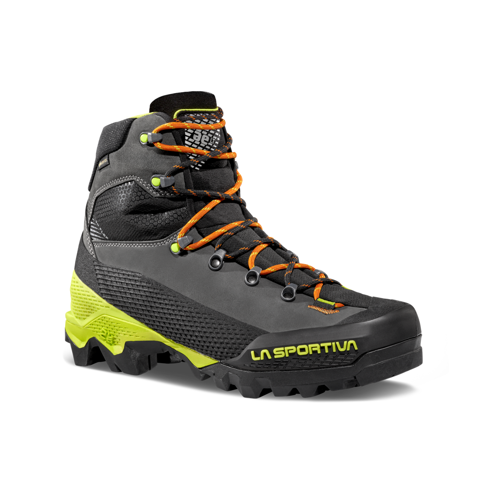 Side view of La Sportiva Aequilibrium LT GTX boot with orange laces on a white background