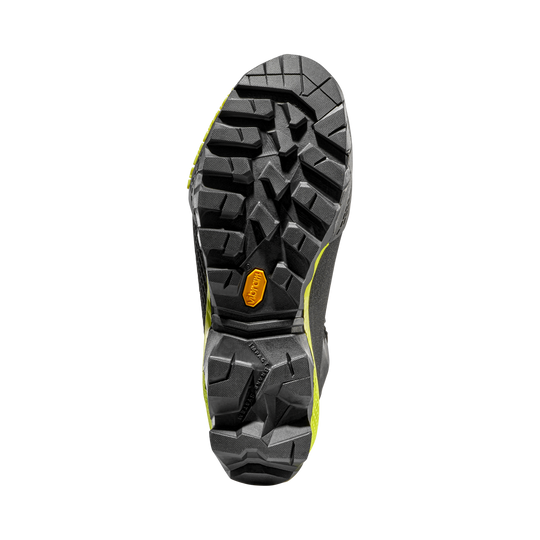 Close-up of La Sportiva Aequilibrium LT GTX hiking boot sole with tread pattern on a white background