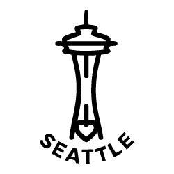 Black and white illustration of the Space Needle with 'Seattle' text below