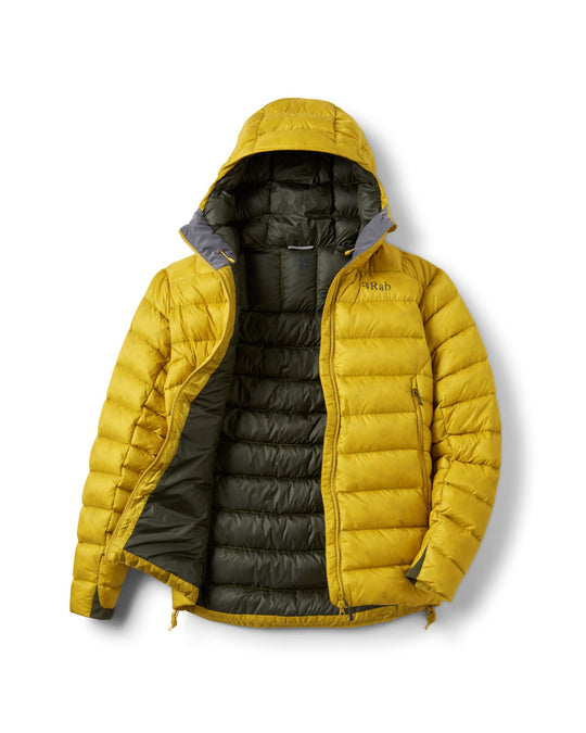 Dark Pollen RAB Electron Pro men's down jacket unzipped on white background