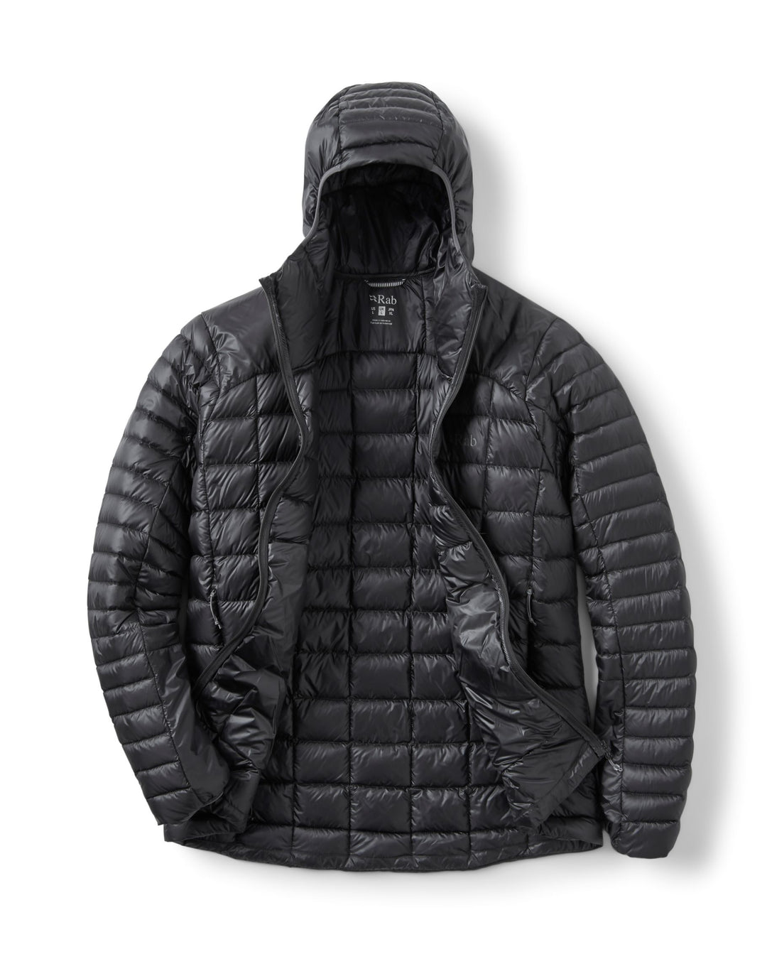 Black RAB Mythic Alpine Light women's jacket unzipped on white background