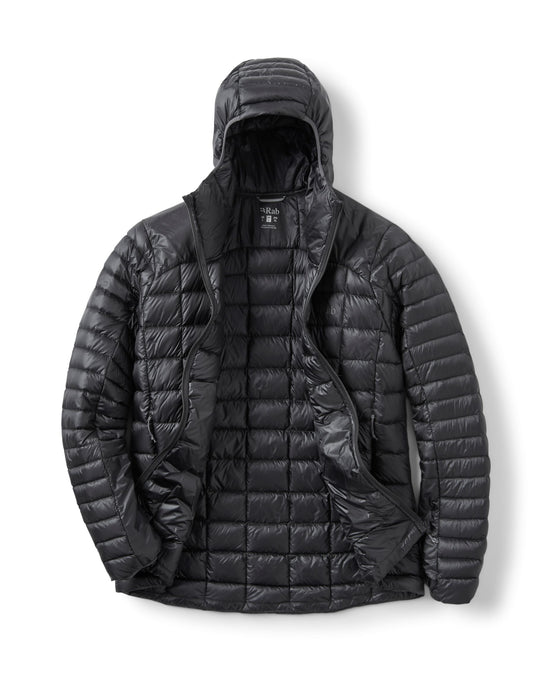 Black RAB Mythic Alpine Light women's jacket unzipped on white background