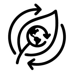 Black icon of a leaf with a globe and arrows inside on a white background