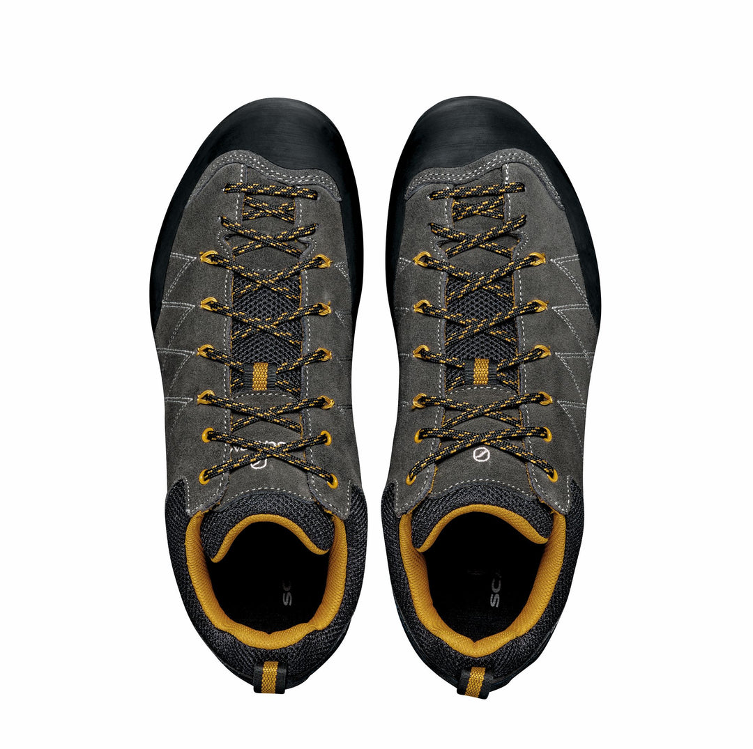 Studio image top view Scarpa Men's Crux Shoes Shark and Mustard colors