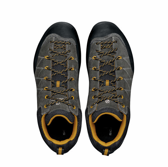 Studio image top view Scarpa Men's Crux Shoes Shark and Mustard colors