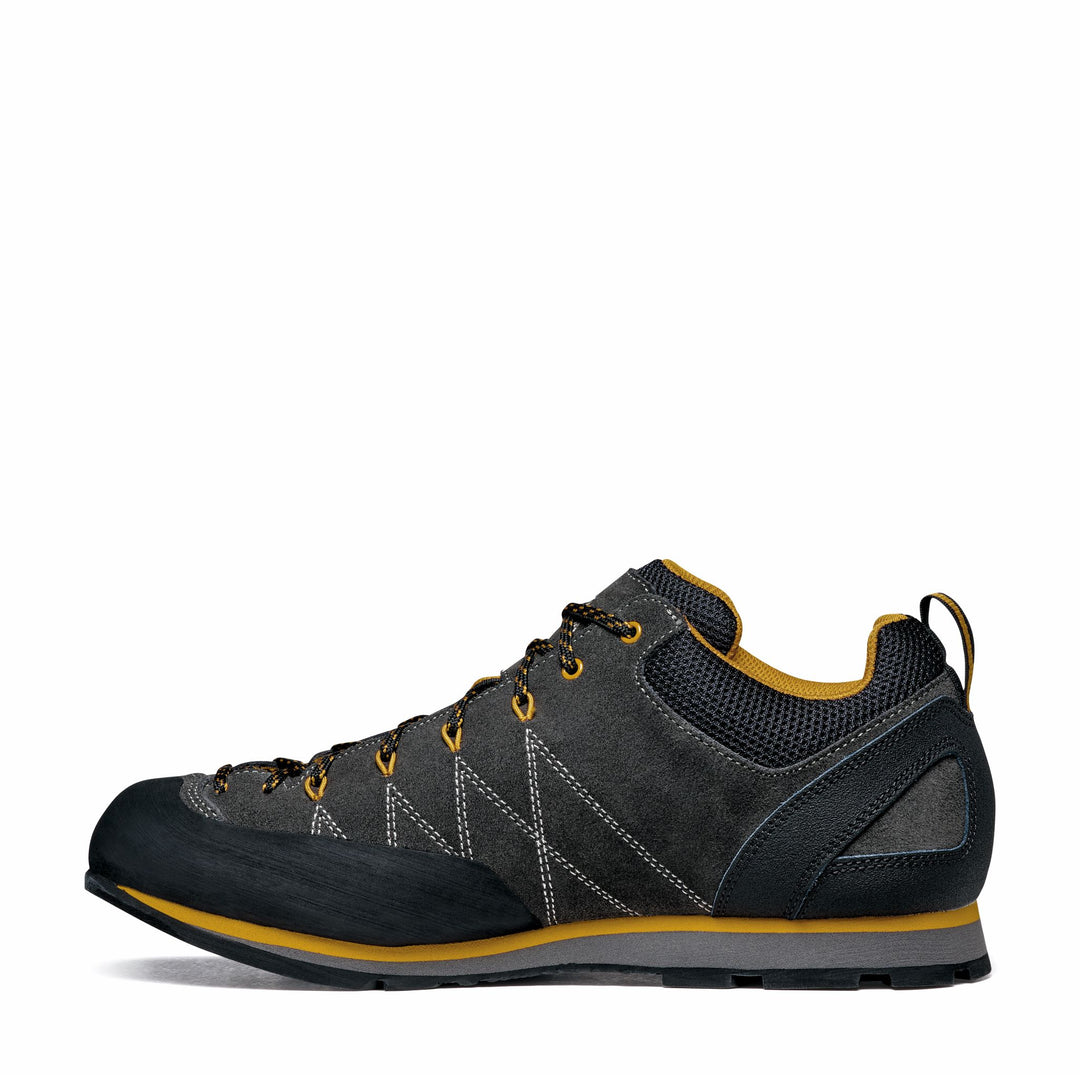 Studio image inside side view Men's Scarpa Crux Shoes Shark and Mustard color