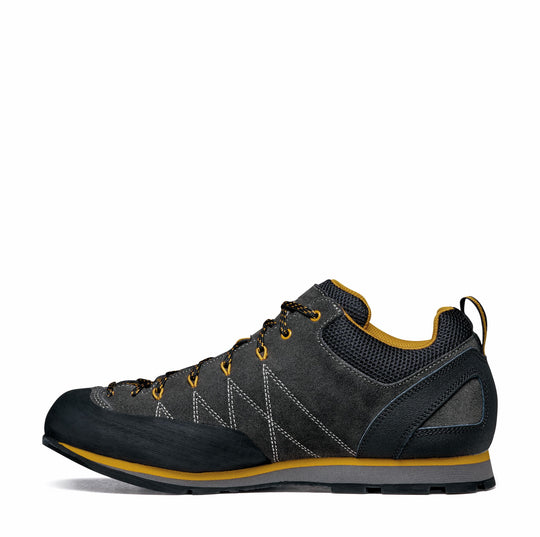 Studio image inside side view Men's Scarpa Crux Shoes Shark and Mustard color
