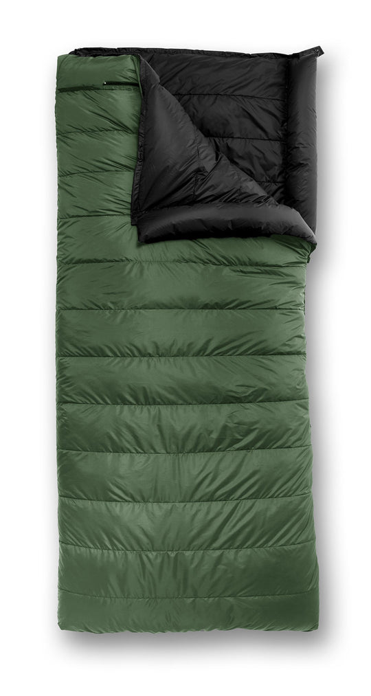 Studio image of the Feathered Friends Condor YF Down Sleeping Bag in Fir green color