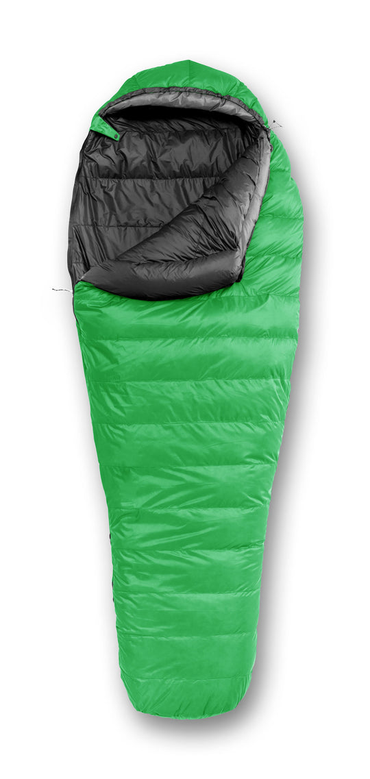Studio image front view Feathered Friends Women's Egret UL Ultralight Down Sleeping Bag Clover green color