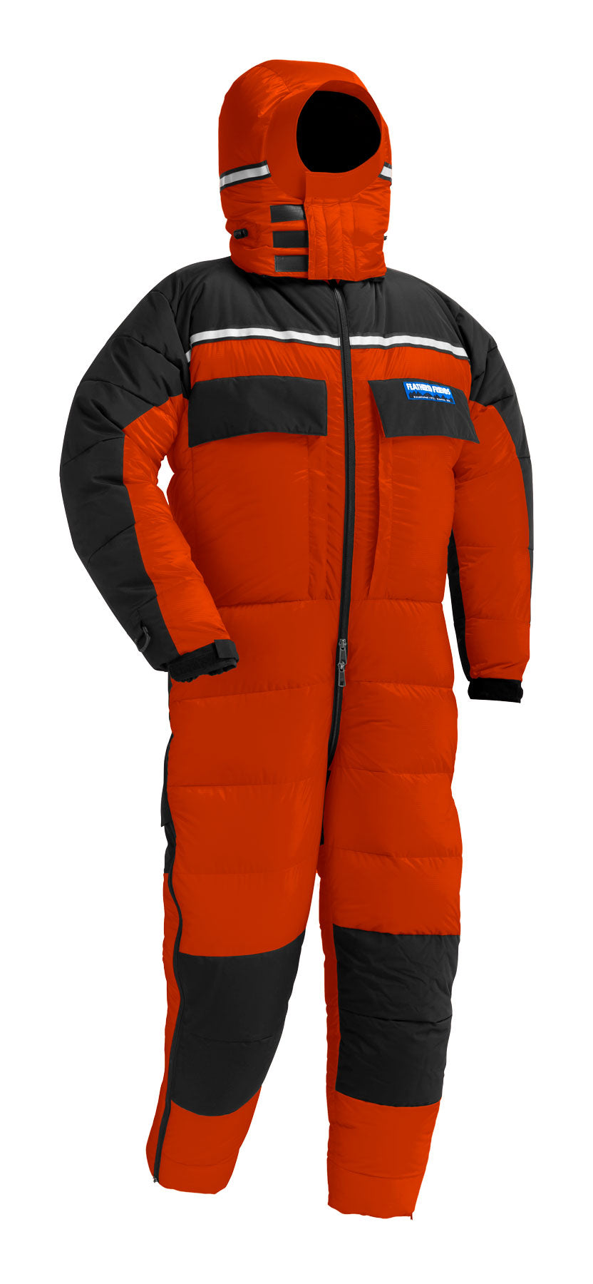 Studio image of the Feathered Friends Expedition Down Suit in Paprika Red color