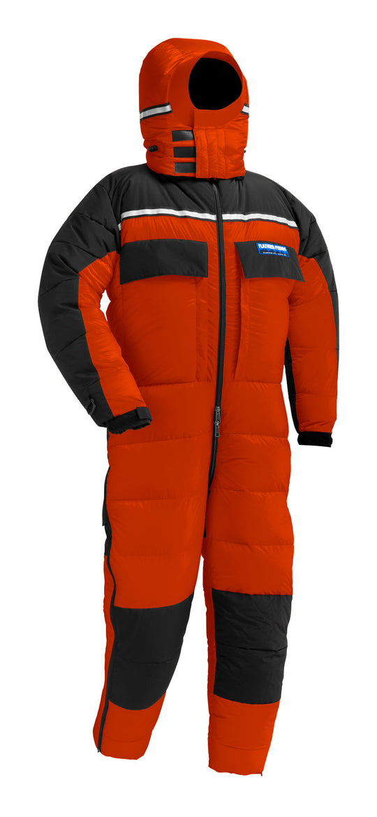 Studio image of the Feathered Friends Expedition Down Suit in Paprika Red color