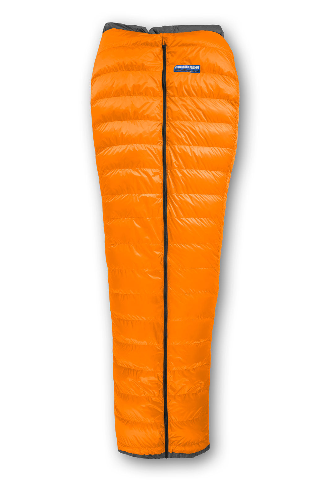 Studio top view of the Feathered Friends Flicker Ultralight Quilt Sleeping Bag in Tangerine Orange color