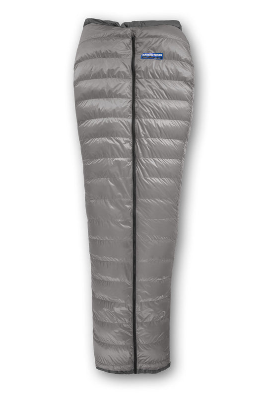 Studio top view of the Feathered Friends Flicker Ultralight Quilt Sleeping Bag in Titanium Gray color