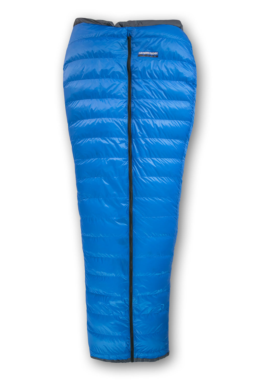 Studio top view of the Feathered Friends Wide Flicker Ultralight Quilt Sleeping Bag in Azure Blue color