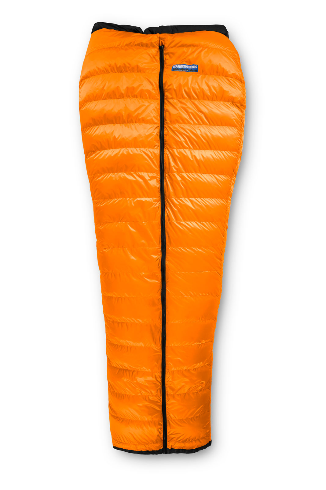 Studio top view of the Feathered Friends Wide Flicker Ultralight Quilt Sleeping Bag in Tangerine Orange color