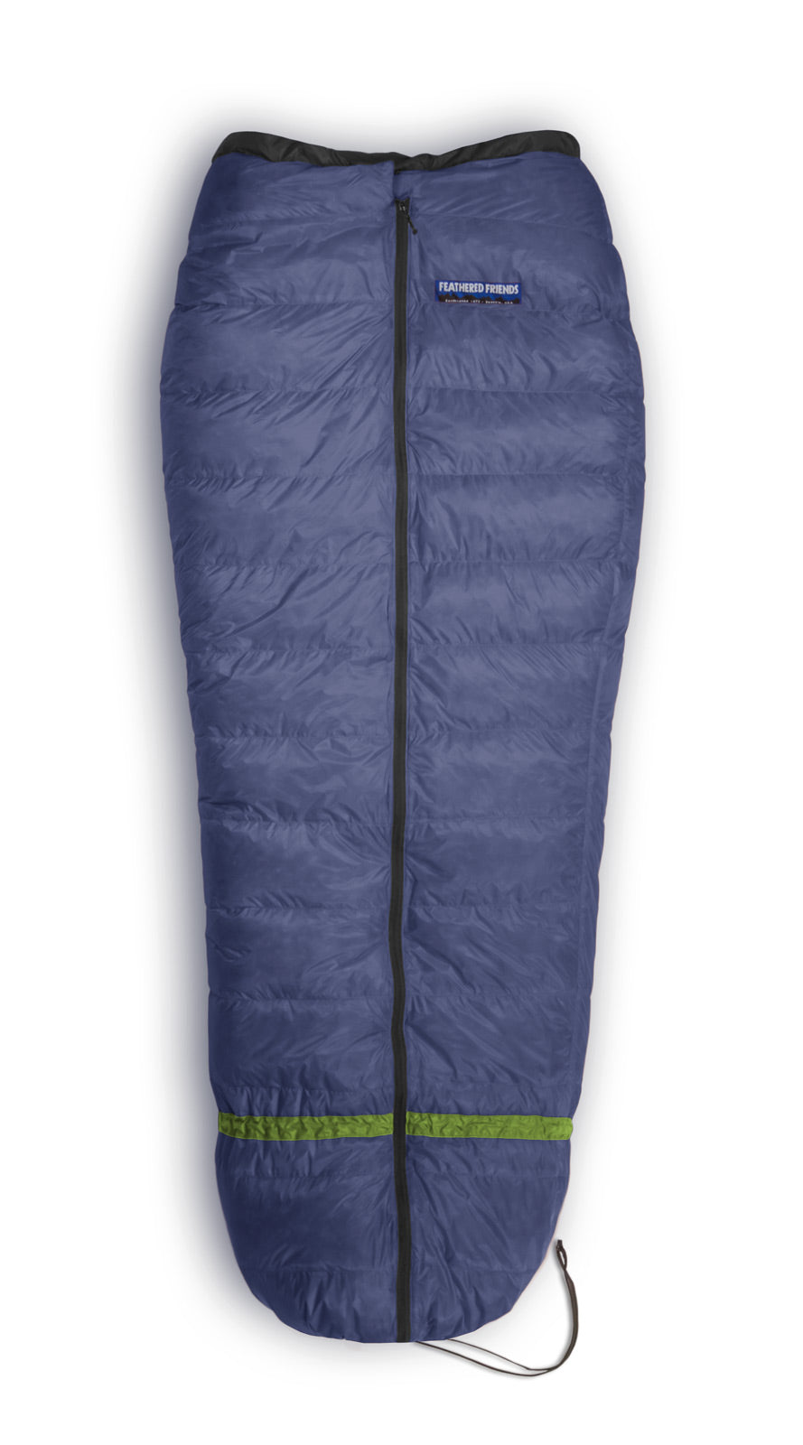 Studio image top view of the Feathered Friends Flicker 20 YF Kids sleeping bag in Marine Blue color with the bottom cinched closed