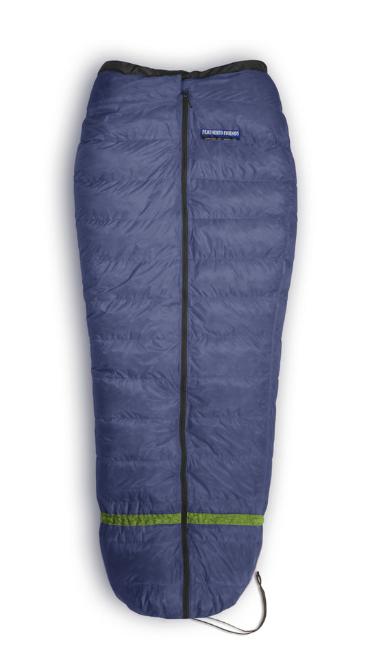 Studio image top view of the Feathered Friends Flicker 20 YF Kids sleeping bag in Marine Blue color with the bottom cinched closed