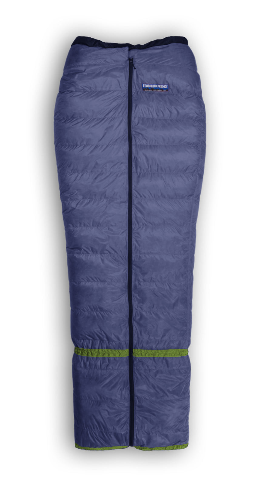 Studio image top view of the Feathered Friends Flicker 20 YF Kids sleeping bag in Marine Blue color