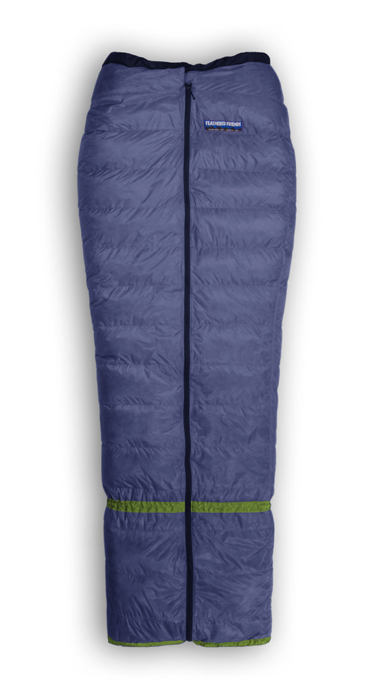 Studio image top view of the Feathered Friends Flicker 20 YF Kids sleeping bag in Marine Blue color