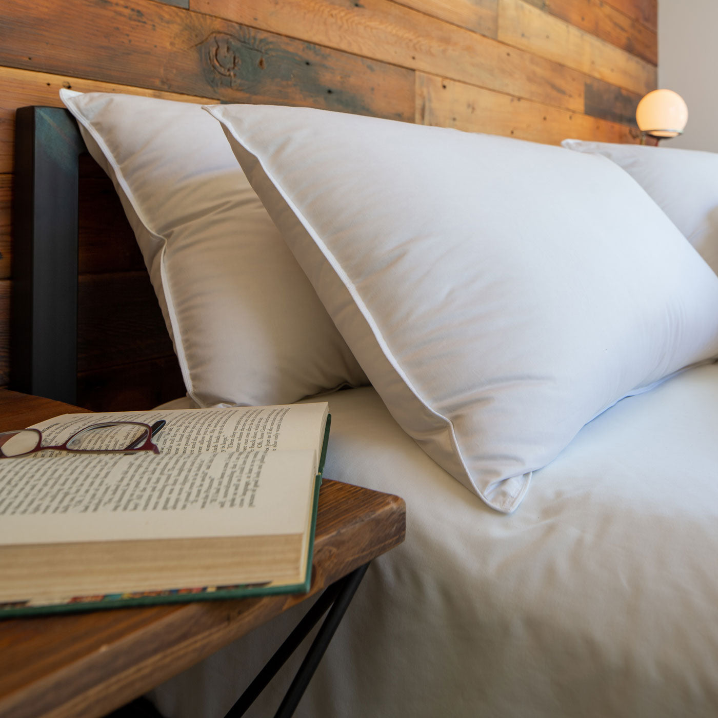 Feathered Friends 700 Fill Down Pillows on a bed with a wood wall