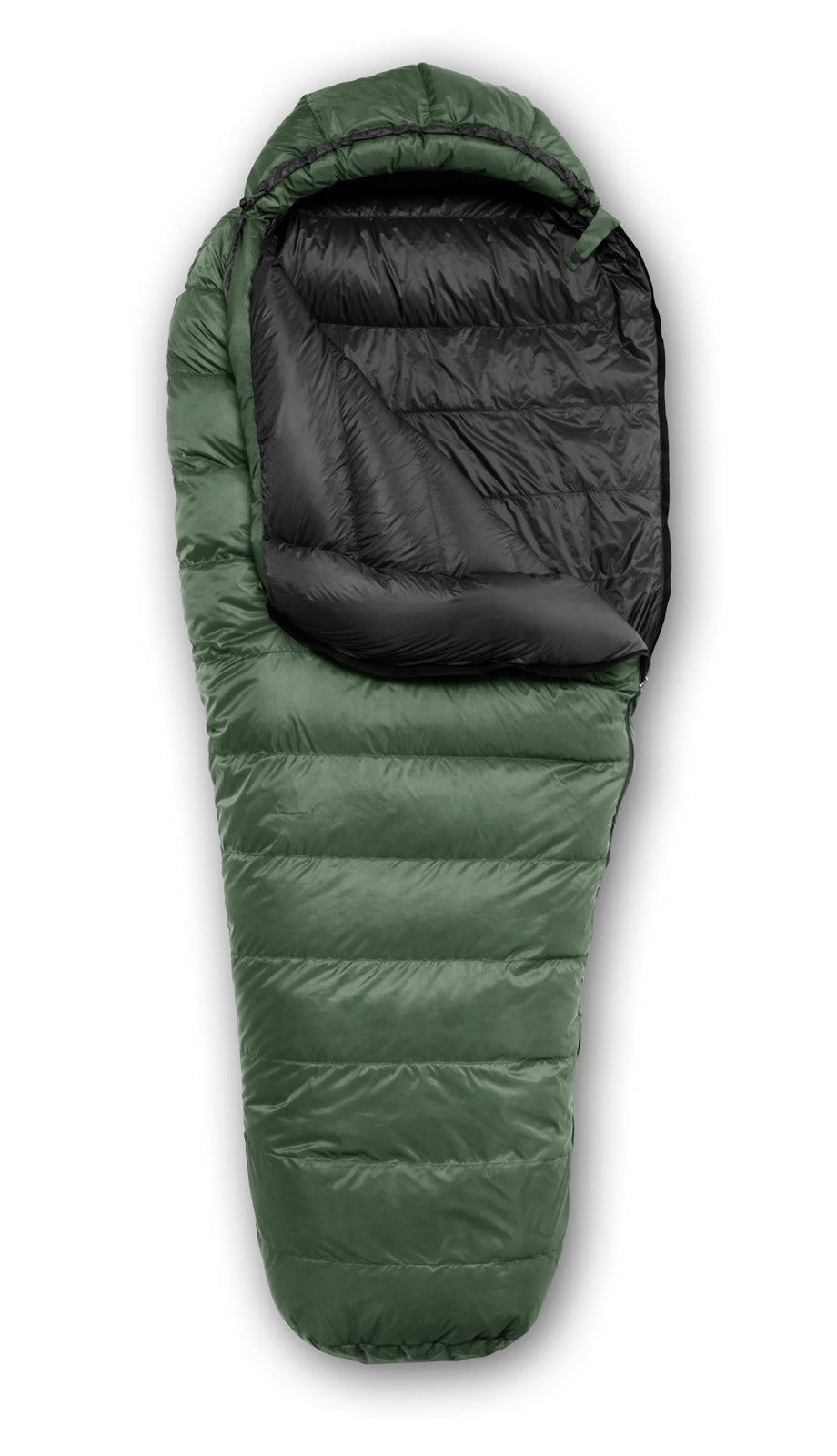 Studio image top view of the Feathered Friends Fledgling YF Kids sleeping bag in Fir green color