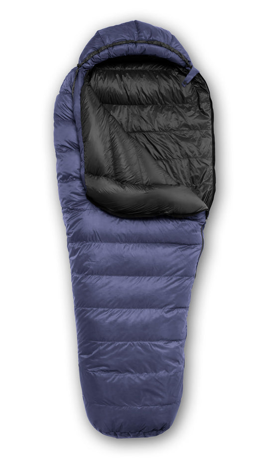 Studio image top view of the Feathered Friends Fledgling YF Kids sleeping bag in Marine Blue color