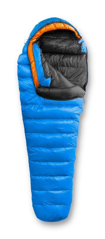 Studio image of Feathered Friends Lark Ultralight 10 Degree Down Sleeping Bag in Azure blue with orange hood trim color