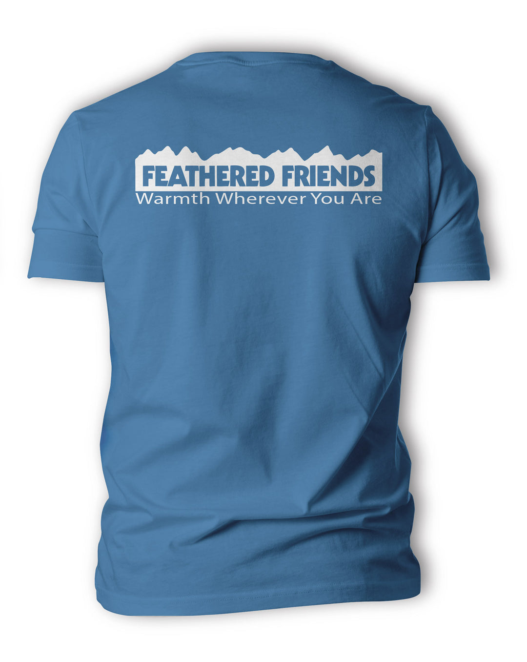 Studio back view image of Men's Feathered Friends blue logo t-shirt