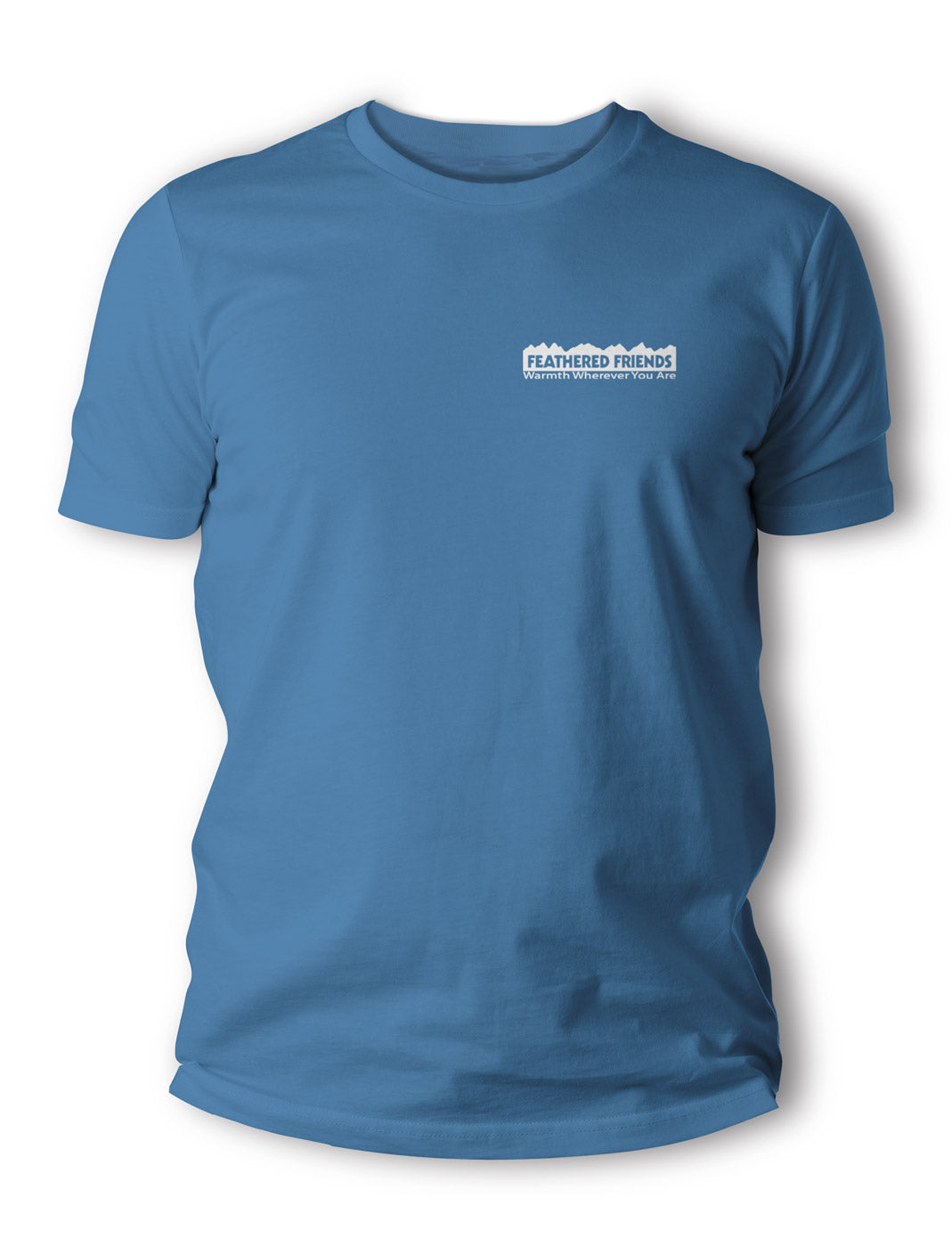 Studio front view image of Men's Feathered Friends blue logo t-shirt