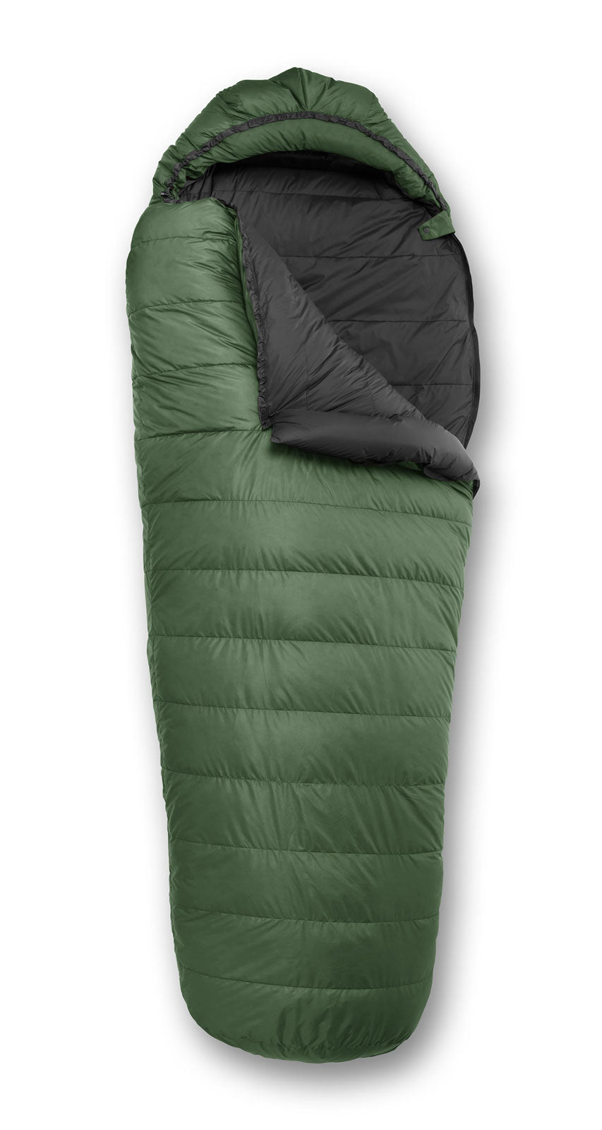 Studio image of the Feathered Friends Puffin YF Down Sleeping Bag in Fir green color with optional hood attached