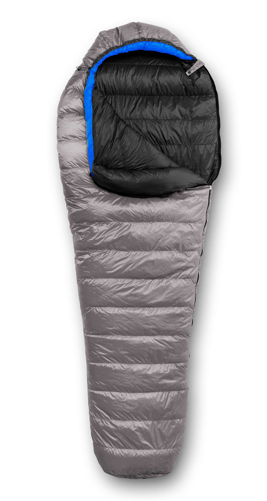 Studio image of the Feathered Friends Swallow UL 20/30 Ultralight Sleeping Bag Titanium Gray