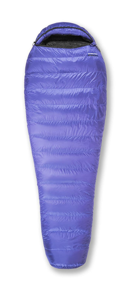 Studio image front view Feathered Friends Swallow 20 30 Degree YF Ultralight Down Sleeping Bag Marine blue color