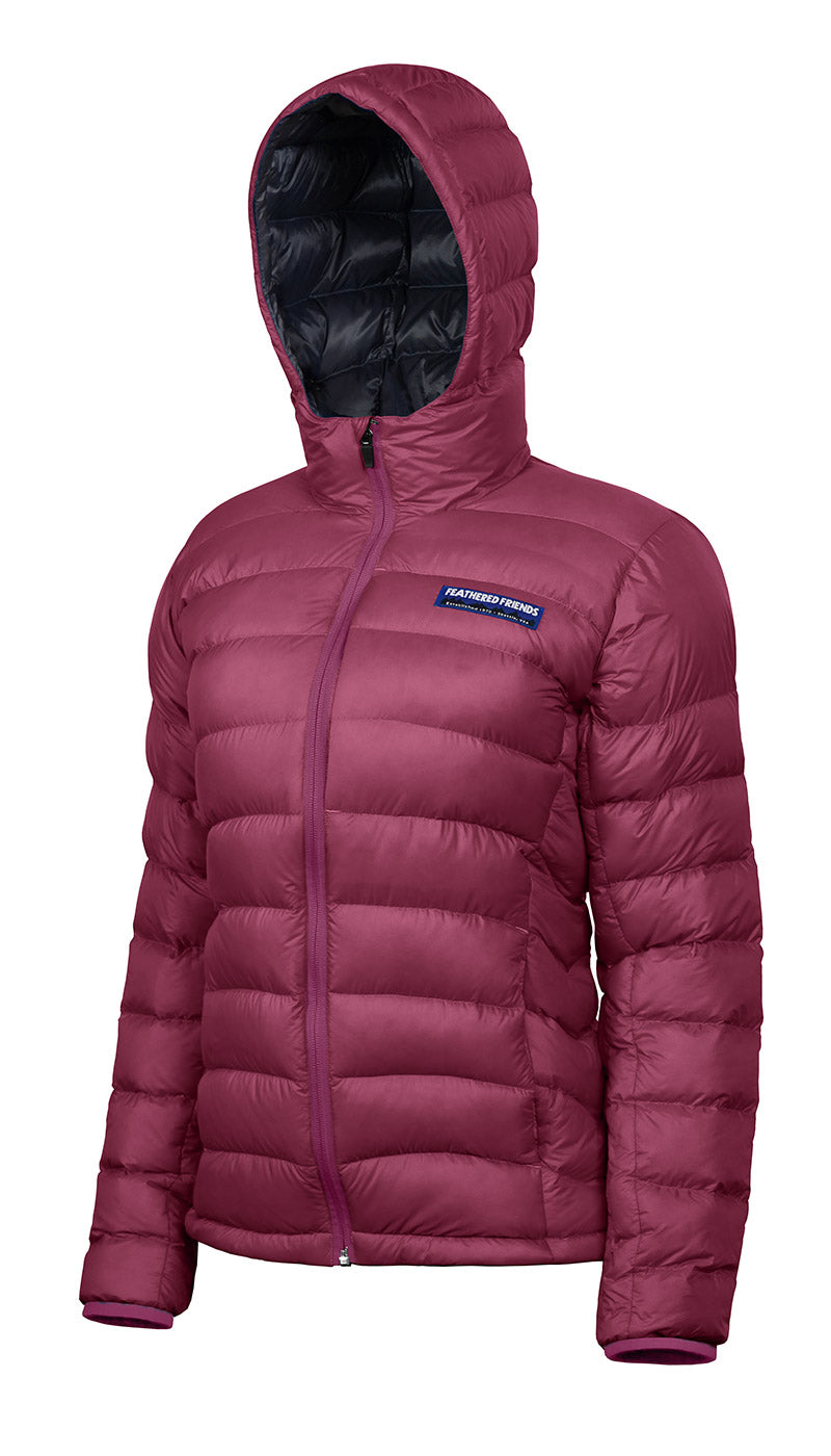The Feathered Friends Women's Eos Down Jacket in the color Beet